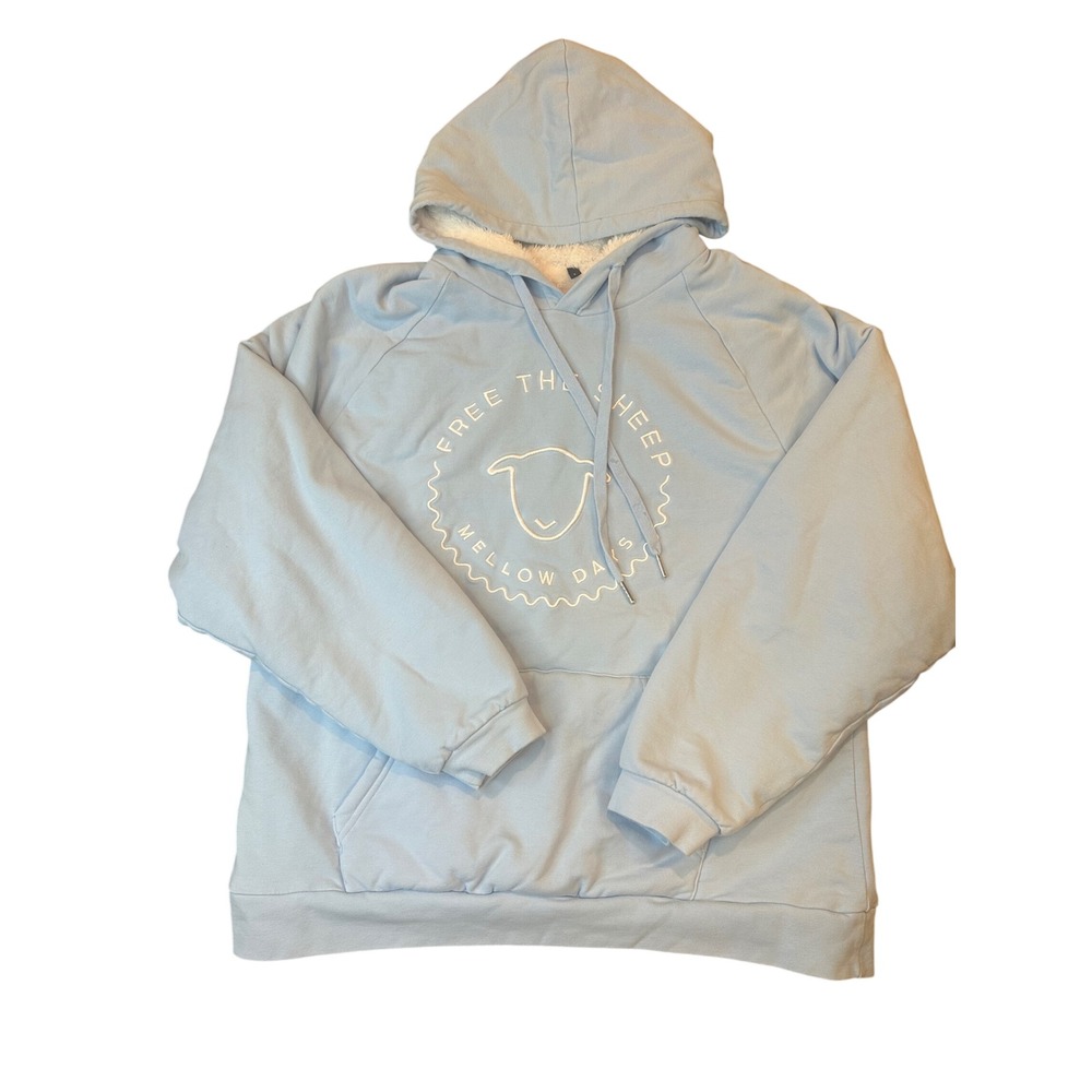 Free The Sheep Mellow Days Light Blue Sherpa Lined Hoodie Large